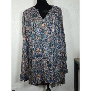 June+Vie Womens Paisley Long Sleeve Pleated Button Neckline 18/20 Multicolor Top